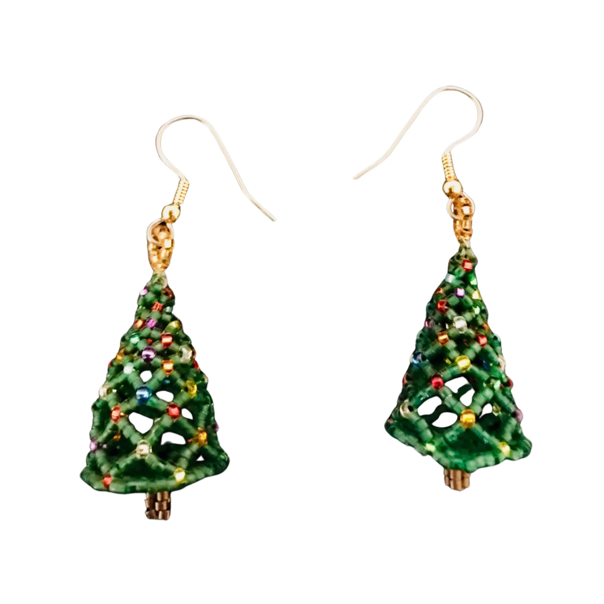 3-D Christmas Tree Hand-Beaded Earrings w/ Hypo Allergenic Earwires