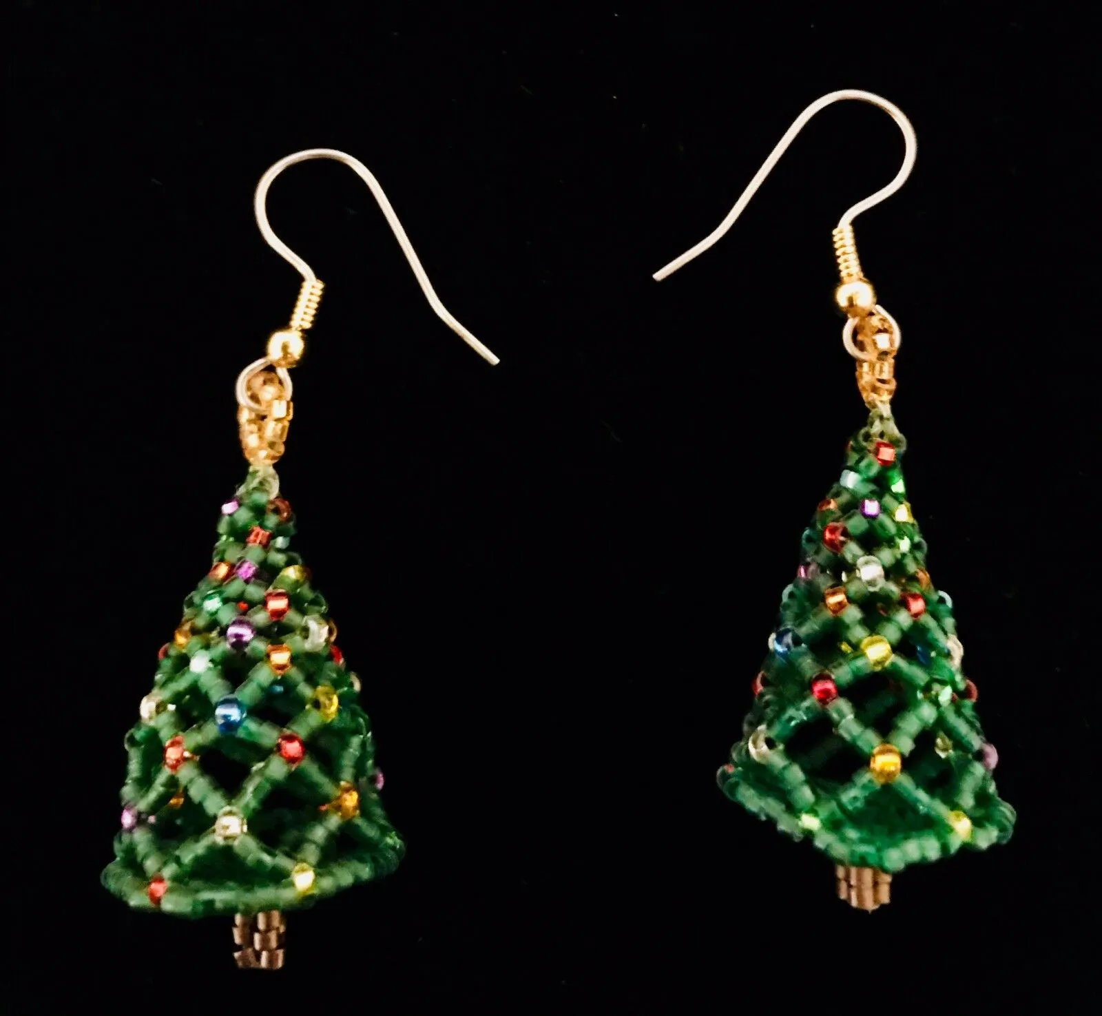 3-D Christmas Tree Hand-Beaded Earrings w/ Hypo Allergenic Earwires
