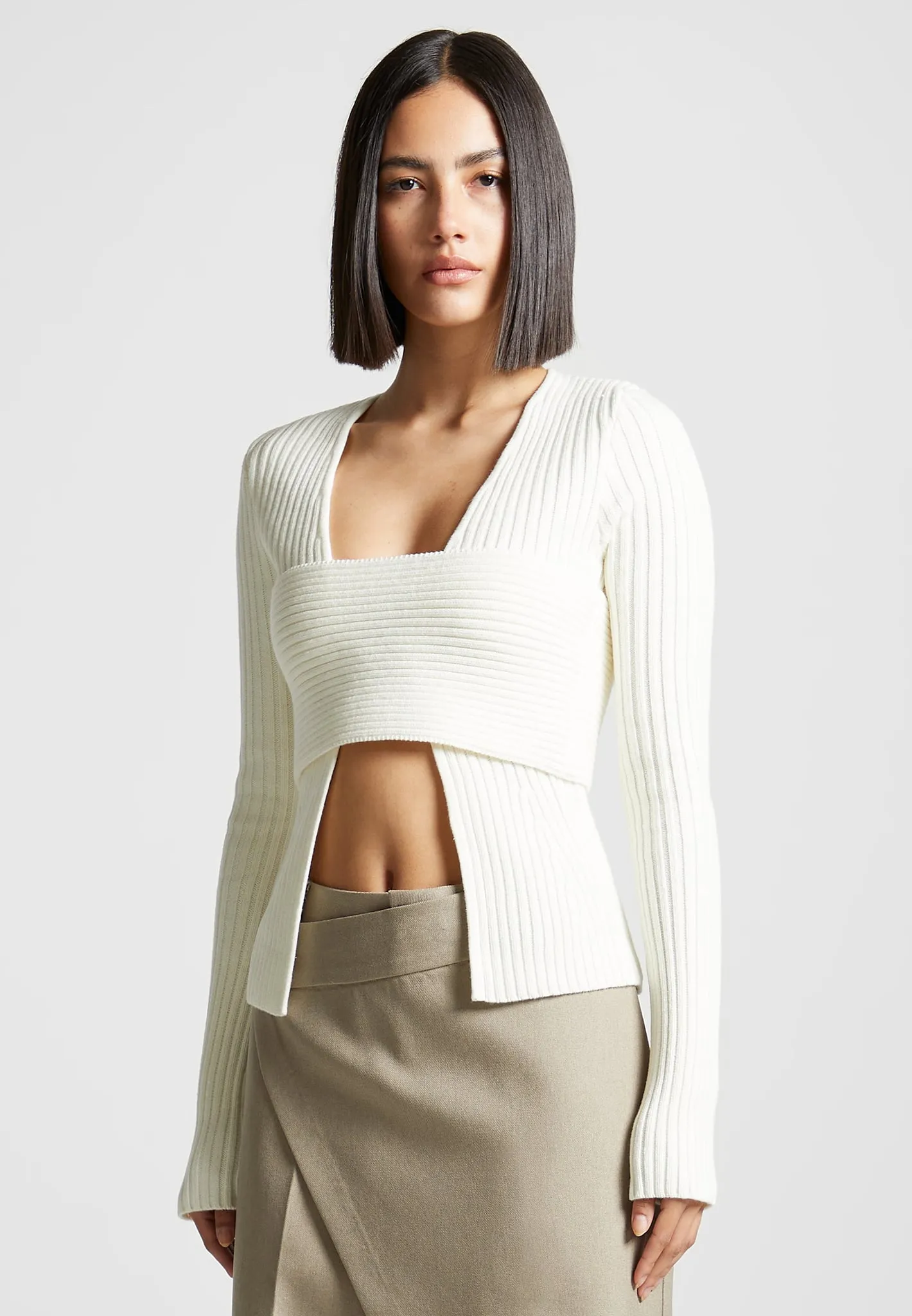 3-In-1 Knit Overlay Bandeau Cardigan - Off White