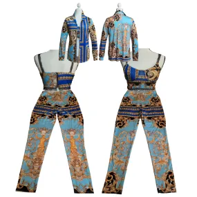 3 Piece Ensemble Jacket Crop Top Straight Leg Pants Greek Themed Fabric 3 Piece Ensemble Jacket Crop Top Straight Leg Pants Greek Themed Fabric