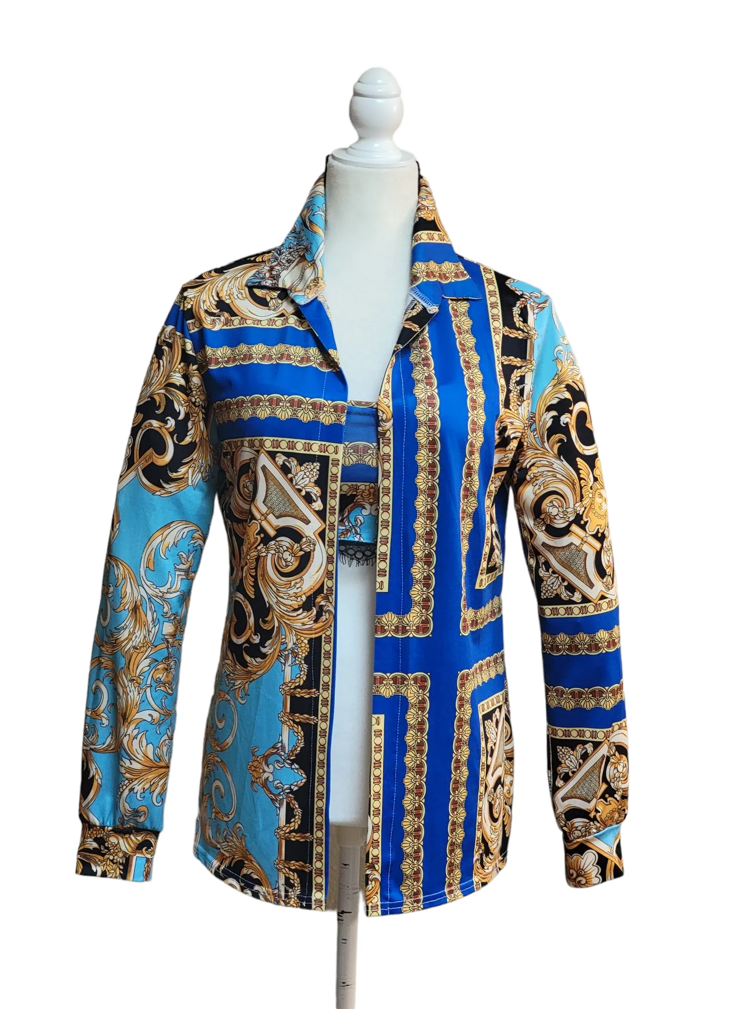3 Piece Ensemble Jacket Crop Top Straight Leg Pants Greek Themed Fabric