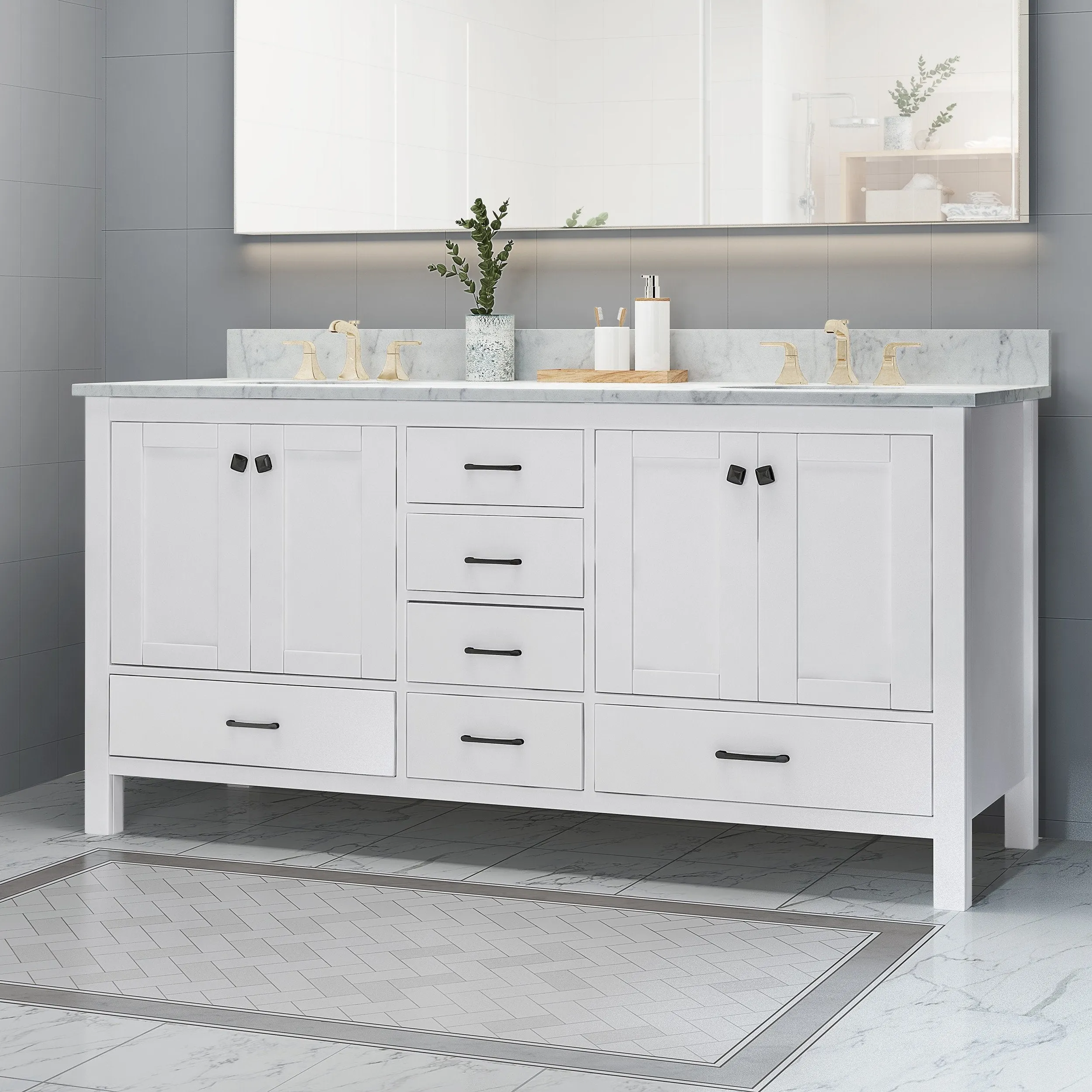 72" Wood Double Sink Bathroom Vanity with Marble Counter Top with Carrara White Marble - NH739703