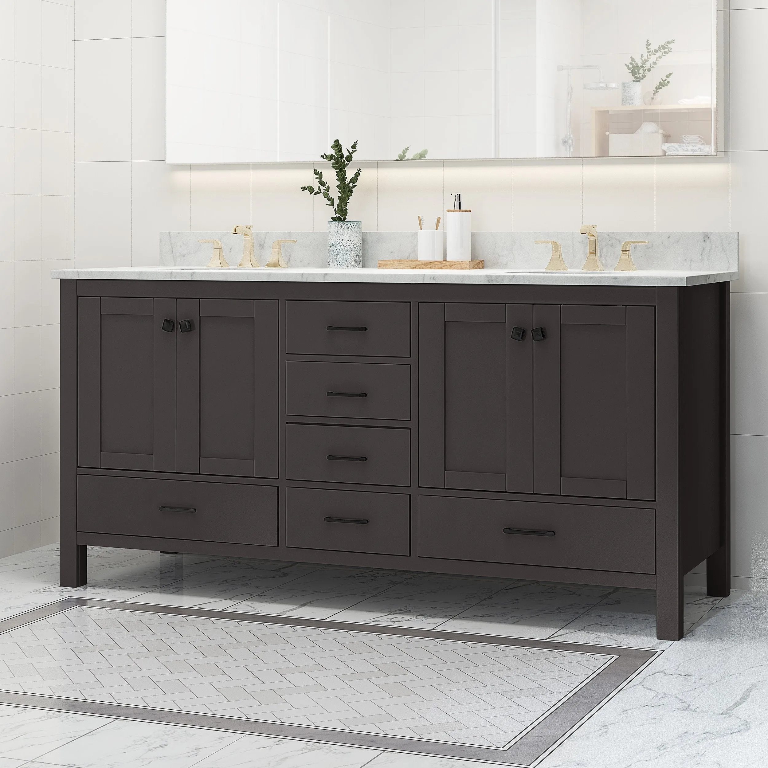 72" Wood Double Sink Bathroom Vanity with Marble Counter Top with Carrara White Marble - NH739703