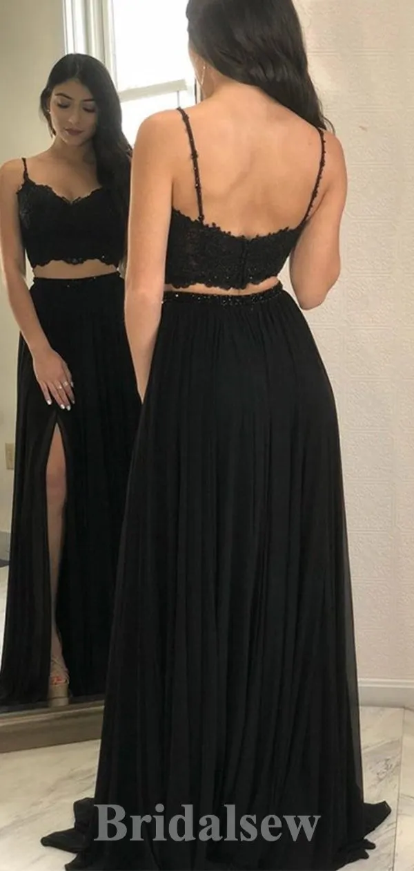 A-line Black Spaghetti Straps Two Pieces New Fashion Long Elegant Party Prom Dresses PD1177