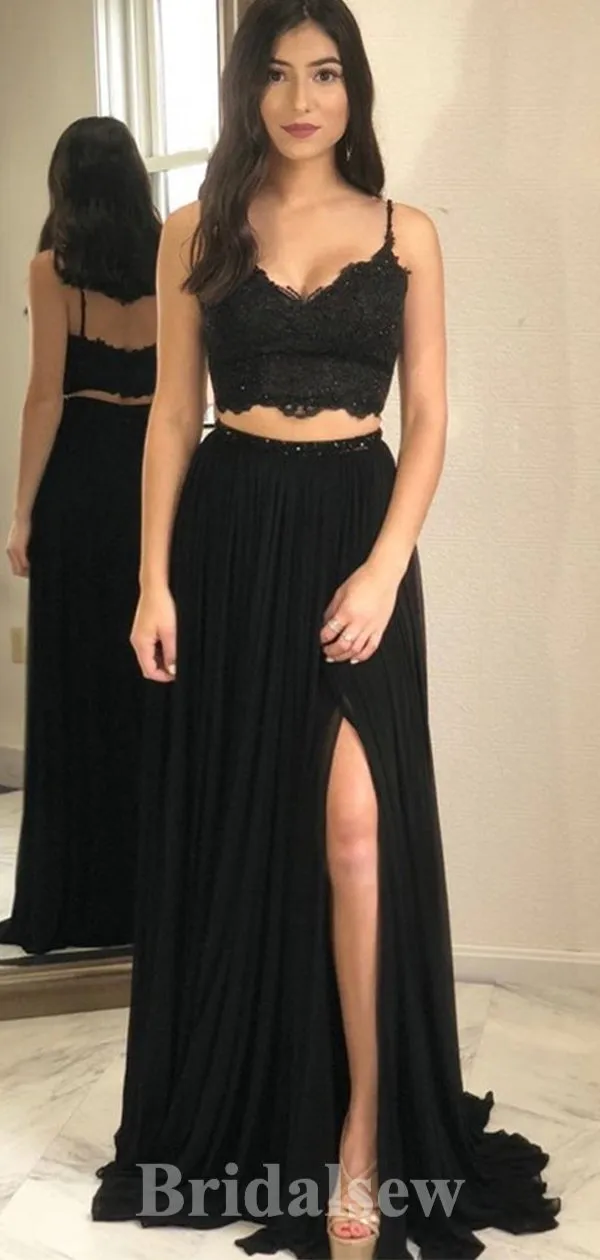 A-line Black Spaghetti Straps Two Pieces New Fashion Long Elegant Party Prom Dresses PD1177