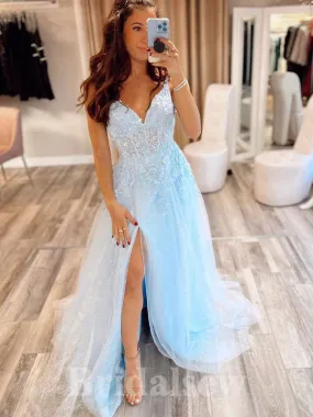 A-line Blue Lace Elegant Modest Slit Princess Long Women Evening Prom Dresses PD740 A-line Blue Lace Elegant Modest Slit Princess Long Women Evening Prom Dresses PD740