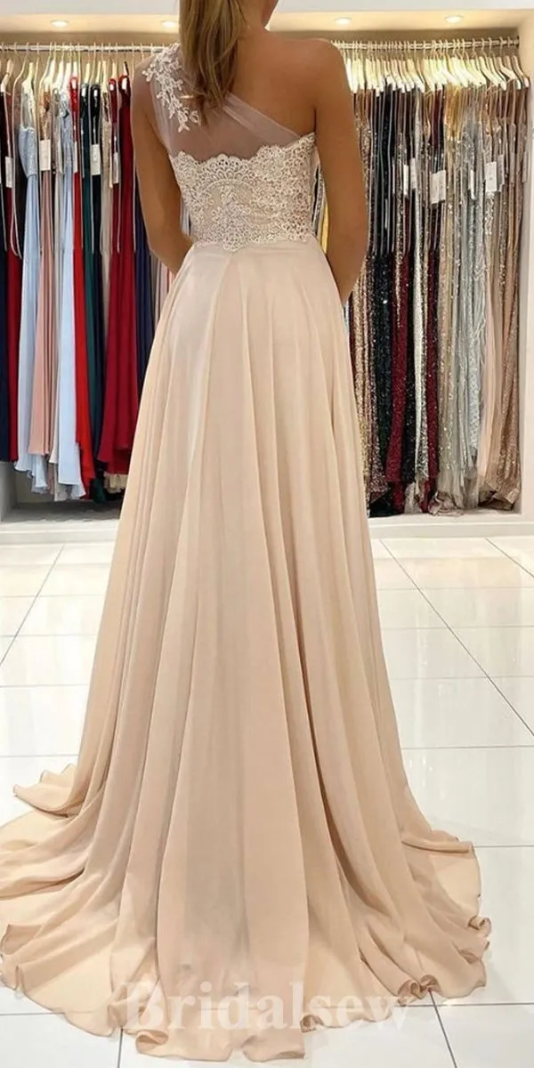 A-line Champagne One Shoulder Floor-Length Fashion Elegant Stylish Evening Long Prom Dresses PD1120