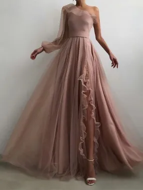 A-line Dusty Pink One Shoulder Elegant Modest Formal Long Prom Dresses PD296 A-line Dusty Pink One Shoulder Elegant Modest Formal Long Prom Dresses PD296