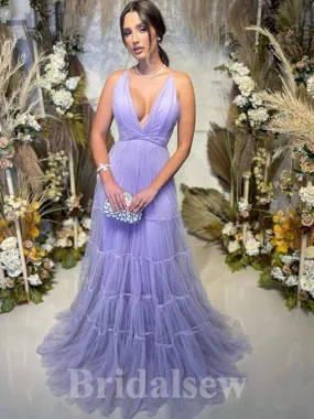 A-line Lilac Tulle Deep V-Neck New Best Modest Elegant Long Women Evening Prom Dresses PD905 A-line Lilac Tulle Deep V-Neck New Best Modest Elegant Long Women Evening Prom Dresses PD905