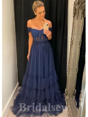 A-line Navy Blue Unique Off the Shoulder New Best Modest Elegant Long Women Evening Prom Dresses PD903 A-line Navy Blue Unique Off the Shoulder New Best Modest Elegant Long Women Evening Prom Dresses PD903