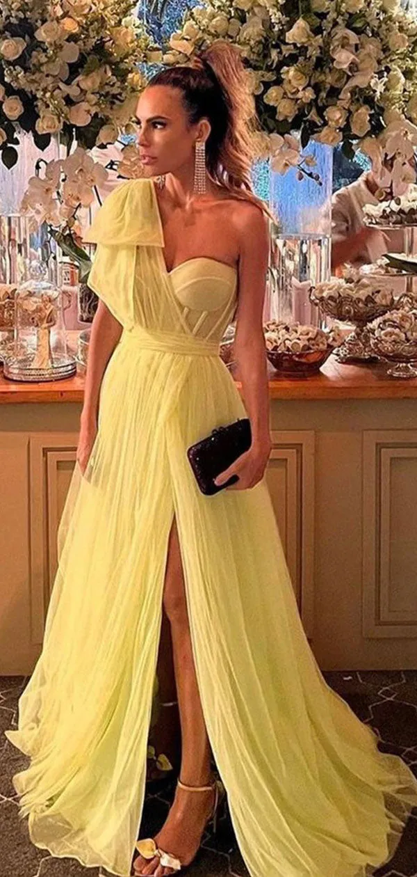 A-line One Shoulder Yellow Formal Modest Party Long Prom Dresses PD330