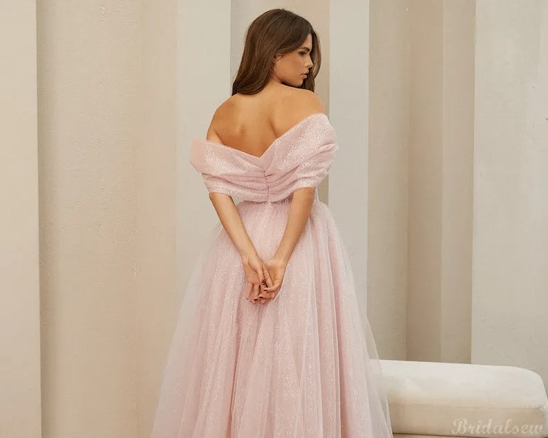 A-line Pink Off the Shoulder Side Slit Modest Party Long Prom Dresses PD364