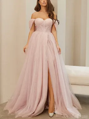 A-line Pink Off the Shoulder Side Slit Modest Party Long Prom Dresses PD364 A-line Pink Off the Shoulder Side Slit Modest Party Long Prom Dresses PD364