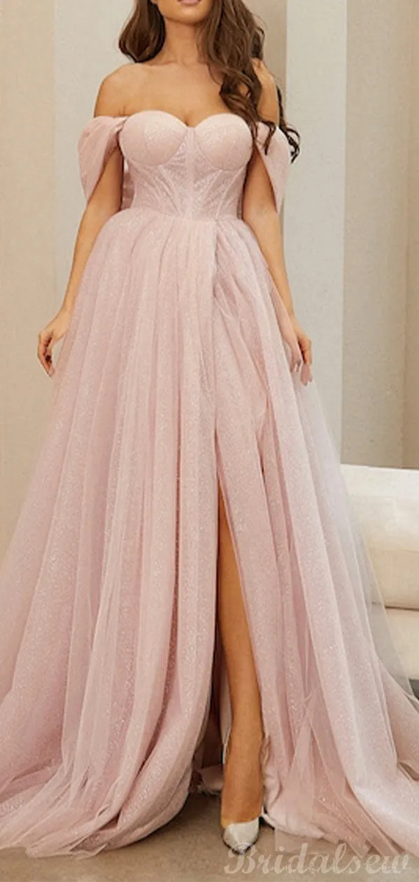 A-line Pink Off the Shoulder Side Slit Modest Party Long Prom Dresses PD364