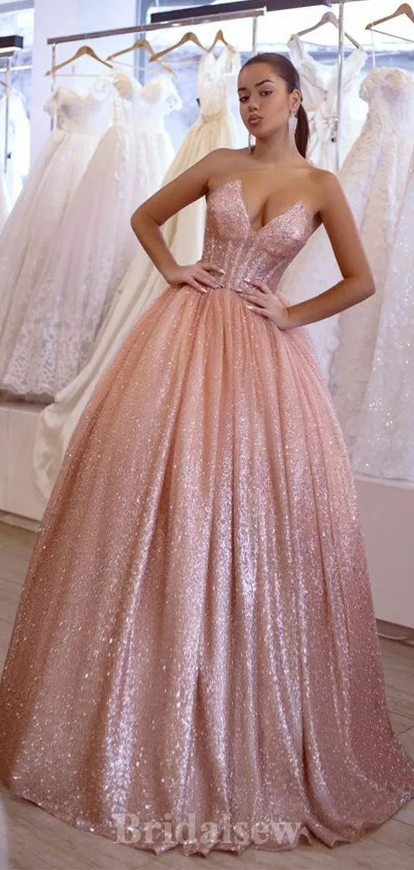 A-line Pink Strapless Elegant Sparkly Sequin Fashion Long Party Evening Prom Dresses, PD1269