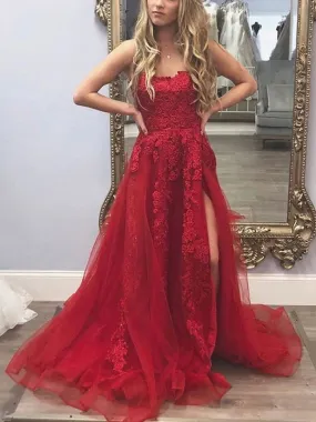 A-line Red Lace Custom Elegant Party Modest Long Prom Dresses with Slit PD246 A-line Red Lace Custom Elegant Party Modest Long Prom Dresses with Slit PD246