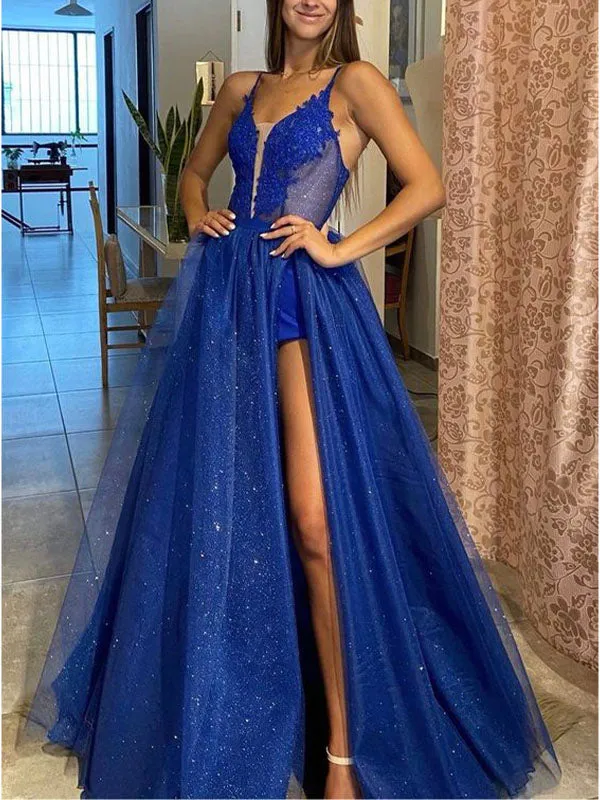 A-line Royal Blue Sparkly Unique Party Modest Formal Long Prom Dresses PD346