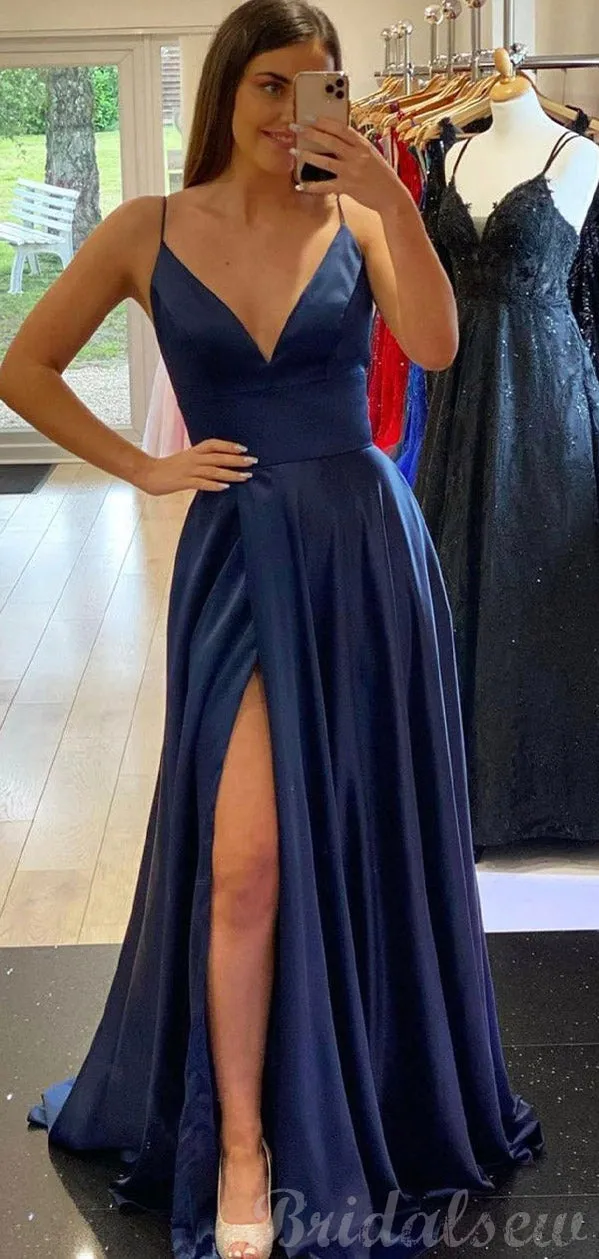 A-line Simple Satin Spaghetti Straps Party Black Girls Slay Evening Long Prom Dresses PD500