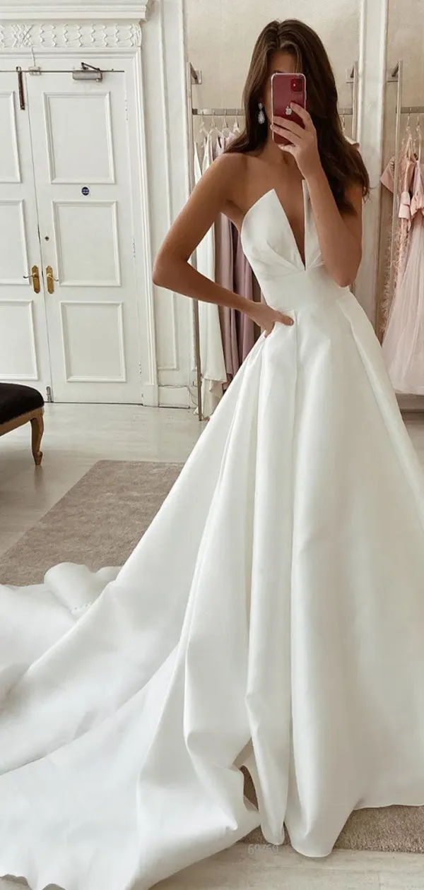 A-line Simple Satin Unique Princess Wedding Dresses WD017