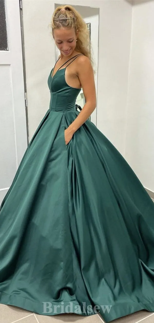 A-line Spaghetti Straps Satin Prom Gown, Long Party Evening Prom Dresses PD1335