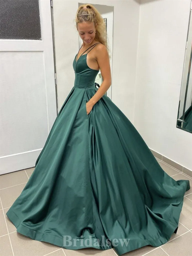A-line Spaghetti Straps Satin Prom Gown, Long Party Evening Prom Dresses PD1335