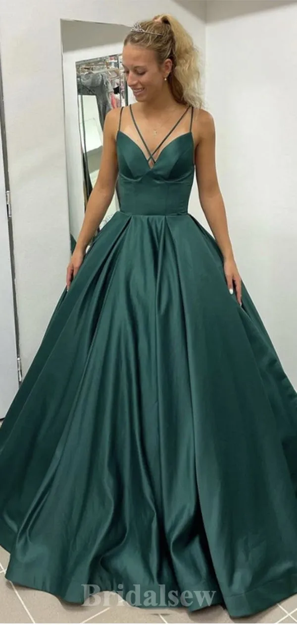 A-line Spaghetti Straps Satin Prom Gown, Long Party Evening Prom Dresses PD1335
