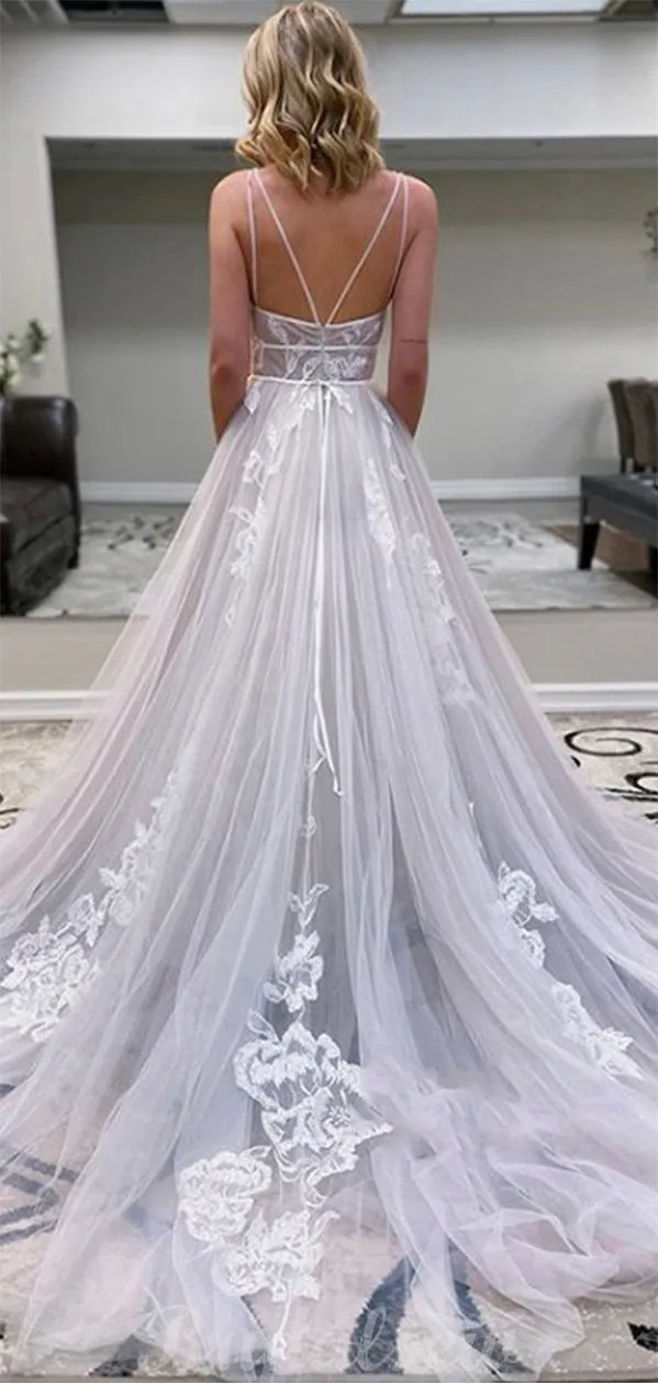 A-line V-Neck Tulle Modest Long Prom Dresses, Evening Dress PD021