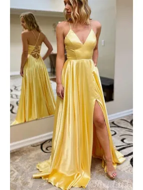 A-line Yellow Spaghetti Straps Simple Modest Long Evening Prom Dresses PD224 A-line Yellow Spaghetti Straps Simple Modest Long Evening Prom Dresses PD224