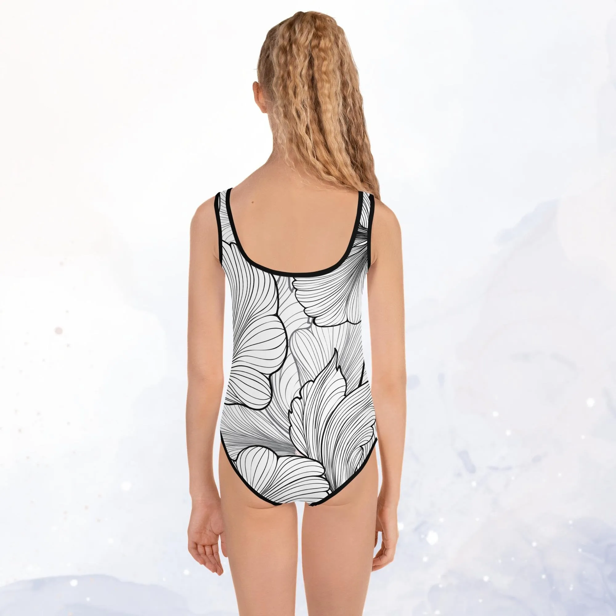 Abstract Flower Print Kids Swimsuit Leotard