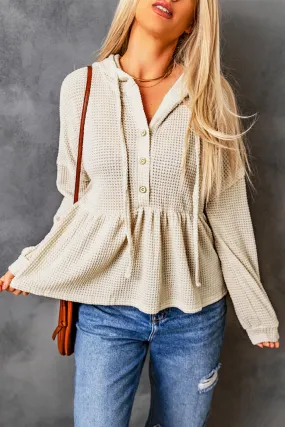 Apricot Waffle Knit Buttons Ruffled Hooded Top Apricot Waffle Knit Buttons Ruffled Hooded Top