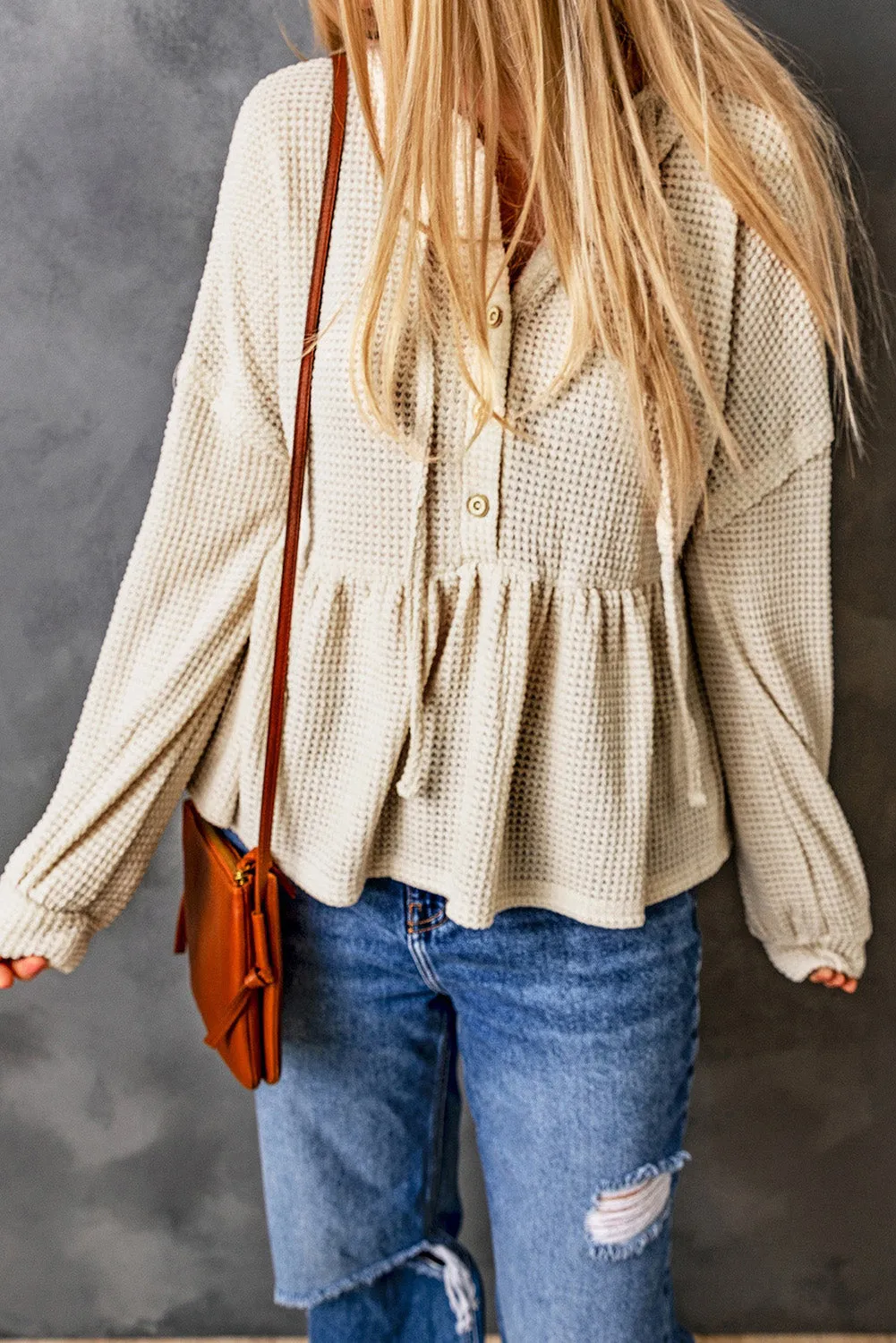 Apricot Waffle Knit Buttons Ruffled Hooded Top
