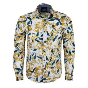 Badgley Finest Quality Yellow Floral Print LongSleeve White Shirt Badgley Finest Quality Yellow Floral Print LongSleeve White Shirt
