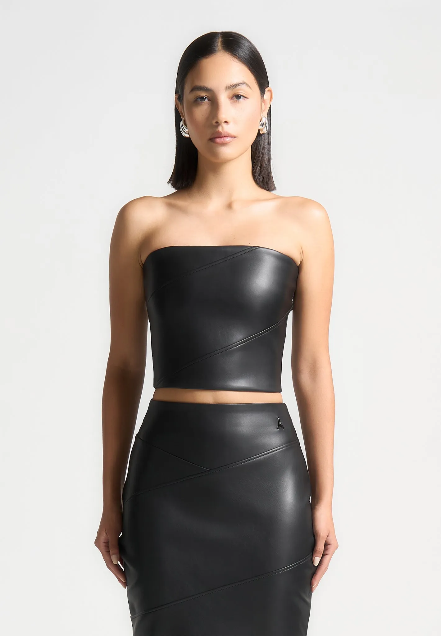 Bandeau Leather Corset Top - Black