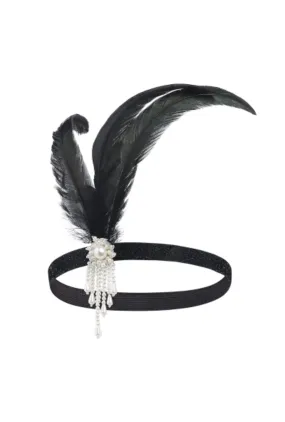 Black Feather & White Bead Gatsby Headband Black Feather & White Bead Gatsby Headband