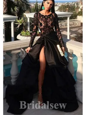 Black long Sleeves Top Lace Satin High Slit Best Party Evening Long Prom Dresses PD1108 Black long Sleeves Top Lace Satin High Slit Best Party Evening Long Prom Dresses PD1108