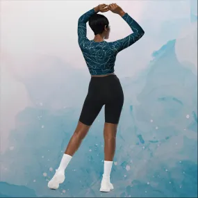 Blue and Cream Floral Stencil Lines Recycled Long Sleeve Crop Top Blue and Cream Floral Stencil Lines Recycled Long Sleeve Crop Top