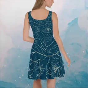 Blue and Cream Floral Stencil Lines Womens Skater Dress Blue and Cream Floral Stencil Lines Womens Skater Dress