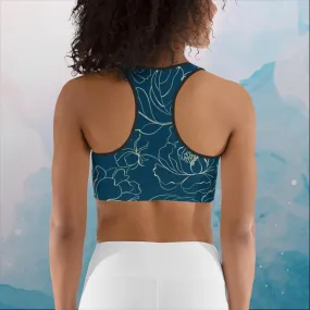 Blue and Cream Floral Stencil Lines Womens Sports Bra Blue and Cream Floral Stencil Lines Womens Sports Bra