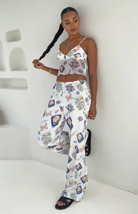 Bridget White Satin Italia Print Pants Bridget White Satin Italia Print Pants