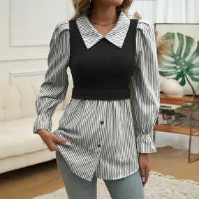 Bubble Sleeve Casual Colorblocking Striped Spliced Shirts Wholesale Womens Clothing N3824080700065 Bubble Sleeve Casual Colorblocking Striped Spliced Shirts Wholesale Womens Clothing N3824080700065