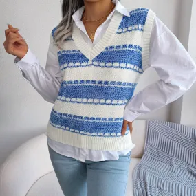 Chic Contrast Striped Pattern V Neck Marled Knit Sweater Vest Chic Contrast Striped Pattern V Neck Marled Knit Sweater Vest