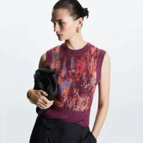 Cozy Burgundy Mohair Blend Crew Neck Camo Printed Jacquard Knit Sweater Vest Cozy Burgundy Mohair Blend Crew Neck Camo Printed Jacquard Knit Sweater Vest