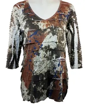 Cubism - Brown Splash Print, 3/4 Sleeve Woman's Top, V-Neck, Multi-Colored Cubism - Brown Splash Print, 3/4 Sleeve Woman's Top, V-Neck, Multi-Colored