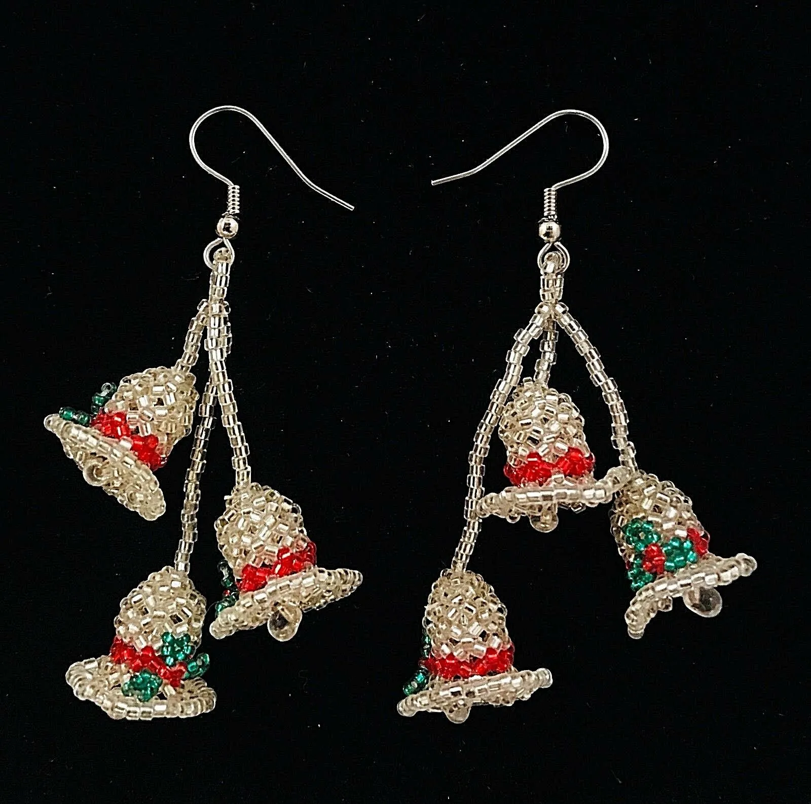 Dangling 3-D Christmas Bells Hand-Beaded Earrings w/ Hypo Allergenic Earwires