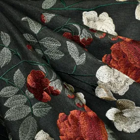 Designer Embroidered Autumn Floral Ponte Knit Charcoal Designer Embroidered Autumn Floral Ponte Knit Charcoal