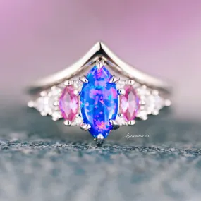 Emerie Blue Fire Opal & Pink Sapphire Ring Set-  Sterling Silver Emerie Blue Fire Opal & Pink Sapphire Ring Set-  Sterling Silver