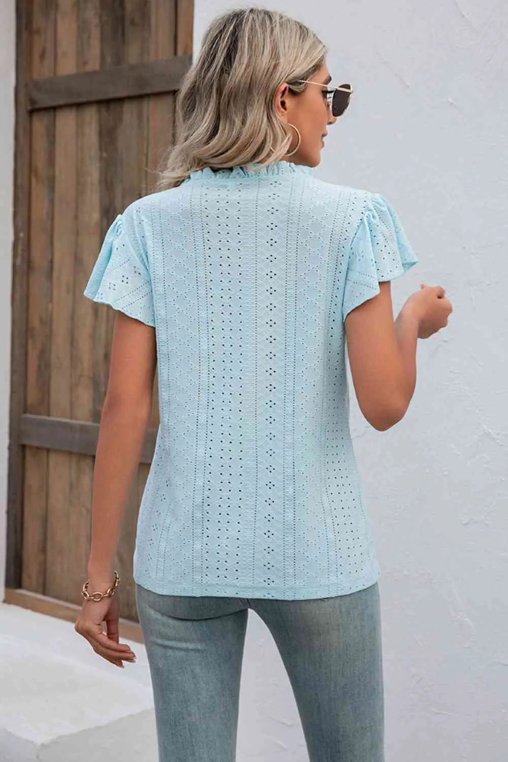 Eyelet Notched Neck Flutter Sleeve Top
