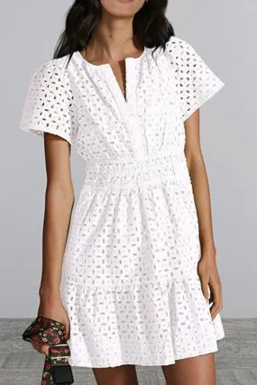 Eyelet Notched Short Sleeve Mini Dress Eyelet Notched Short Sleeve Mini Dress