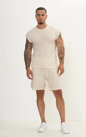 Eyelet short sleeve Knit Top and Shorts Set - Beige Eyelet short sleeve Knit Top and Shorts Set - Beige