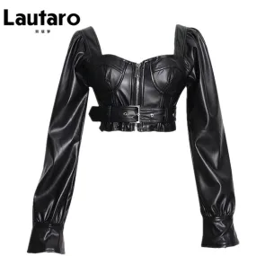 Faux Leather Crop Top  Square Neck Long Sleeve Zipper Faux Leather Crop Top  Square Neck Long Sleeve Zipper